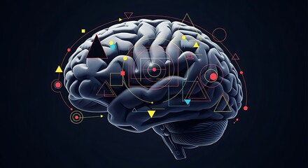 Human Brain Illustration with Geometric Shapes on Dark Background