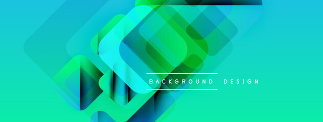 Abstract geometric shapes overlap, creating vibrant teal, green gradients. Modern design suggests depth, dimension, visual interest.