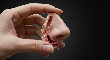 Hand shows and holds human Nasal cavity
