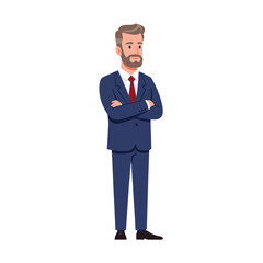 Obraz premium A cartoon illustration of a man in a business suit, arms crossed, standing confidently.