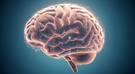 Human Brain Model with Neural Network on Blue Background