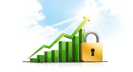Secured Growth Chart with Padlock Rising Above Against Sky