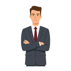 A stern-faced businessman stands with arms crossed, exuding authority and confidence.
