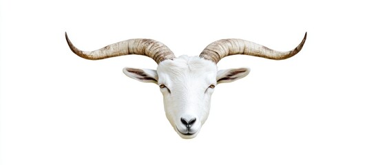 Striking white goat head with prominently curved horns isolated against a clean background