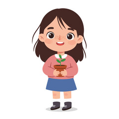 A cartoon girl smiles while holding a potted plant with a small sprout, against a white background.