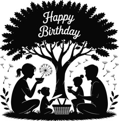 Happy birthday family picnic under tree silhouette, parents children celebrating outdoors, nature love moment, eating together, vector illustration design, greeting