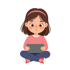 A young girl sits cross-legged, intently focused on a tablet, displaying a thoughtful expression.