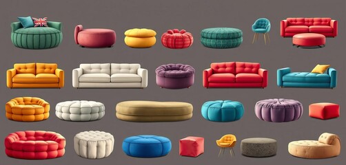 Sixteen unique designer furniture puffs, various shapes & sizes, vector illustration,  comfy, pouf