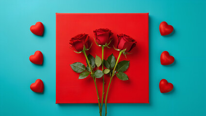 Elegant Roses and Hearts: A vibrant arrangement of three red roses rests gracefully on a crimson square against a vivid teal background, interspersed with six charming heart-shaped candies.