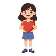 A smiling young girl holding a large red heart, showing love and affection.