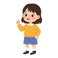 Cartoon girl pointing upwards, wearing a yellow sweater and blue shorts, isolated on white.