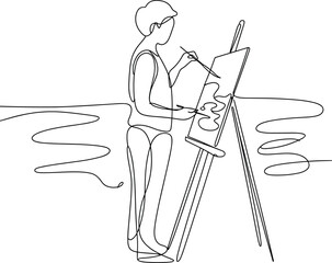 Minimalist continuous line drawing of artist painting on canvas, outdoor creative inspiration scene, modern abstract art vector illustration design