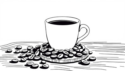 Single line drawing of coffee cup, beans, coaster, and table,  continuous line,  table