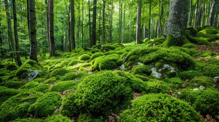 Obraz premium Dense carpet of green moss covering rocks and tree trunks in a forest