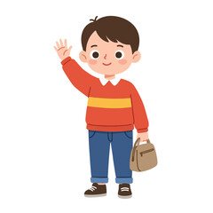 Cartoon boy in school uniform, waving and carrying a bag, cheerful expression.