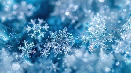 Close-up of snowflakes resting on a surface with intricate patterns
