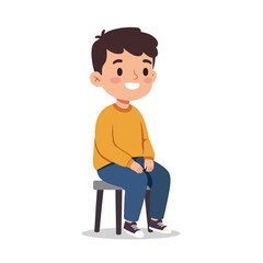 A smiling young boy sits on a simple stool, looking forward with cheerful expression.