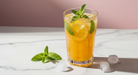 Refreshing Yellow Drink with Lemon and Mint on Marble Surface
