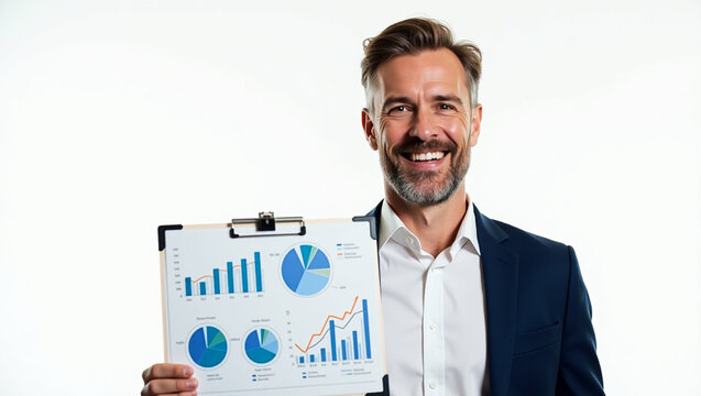 A confident man in professional attire presents a dynamic business report. He smiles, holding a detailed chart indicating financial growth. The shot conveys professional success and optimism.