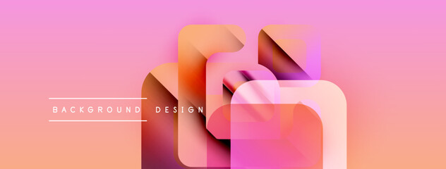 Abstract geometric shapes overlap, creating dynamic pink, orange gradient. Text reads background design. Modern visual presentation.
