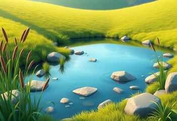 Serene cartoon pond and lake landscape; lush green grass, reeds, blue water, stones,  flora,  artwork