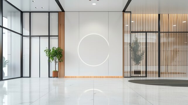 Close-up of office building entrance with company logo