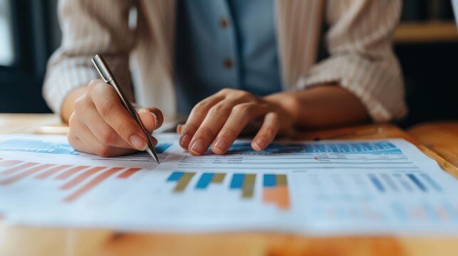 Hands of an HR specialist analyzing salary benchmarking documents