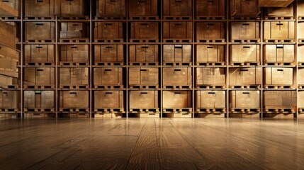 A well-organized warehouse with neatly stacked boxes, symbolizing efficient inventory management.