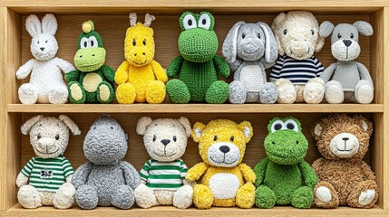 Knitted plush toys displayed on wooden shelves.