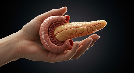 Hand shows and holds human Pancreas. 