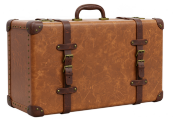 Vintage brown leather suitcase isolated on transparent background