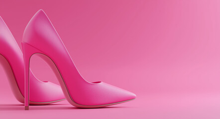 A pair of pink high heels on the right side, solid color background, simple and clean background, high resolution.