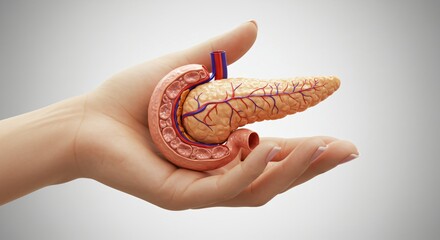 Hand shows and holds human Pancreas. 