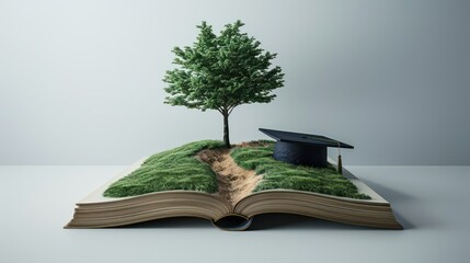 An open book with a path leading to a graduation cap, symbolizing the journey of college education.