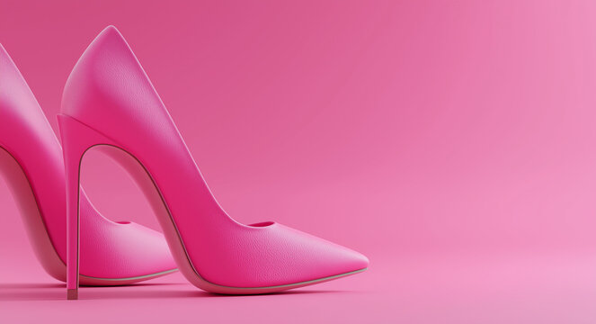A pair of pink high heels on the right side, solid color background, simple and clean background, high resolution. - Powered by Adobe