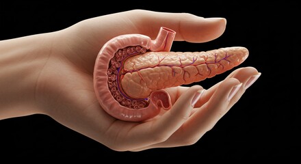 Hand shows and holds human Pancreas. 