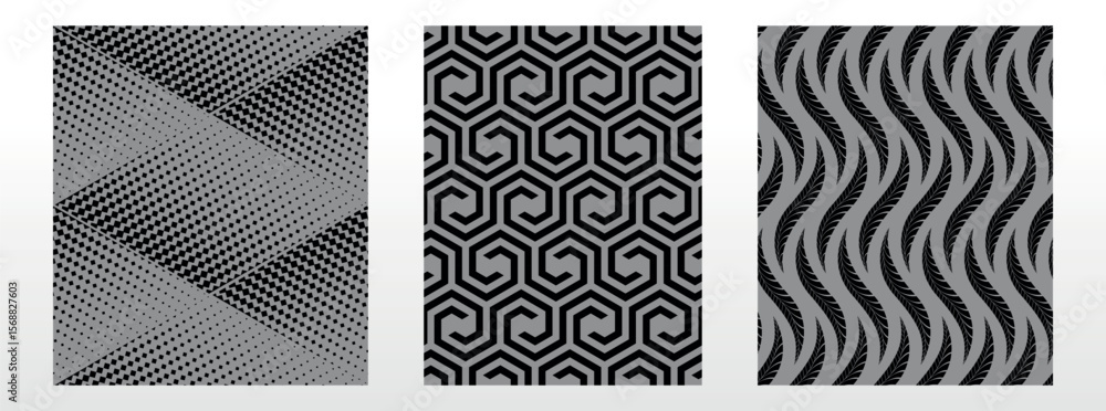 Poster Geometric set of seamless black and gray patterns. Simple vector graphics