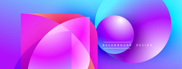 Abstract vibrant design features overlapping shapes, gradients. Blue, purple hues dominate composition. Modern aesthetic.