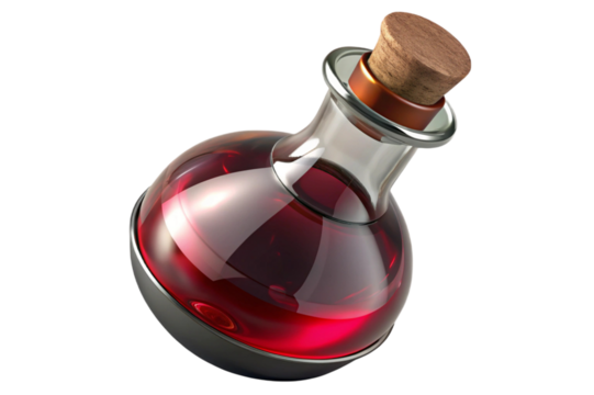 Glass potion bottle with red liquid and cork stopper isolated on transparent background