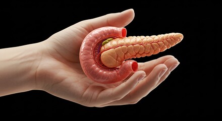 Hand shows and holds human Pancreas. 