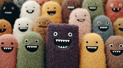 Happy monsters of various colors stand together.
