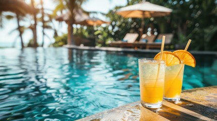 Resort pool oasis with cabanas and tropical drinks