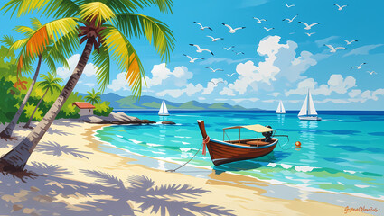 Relaxing beach scene with a wooden boat, tropical palm trees, and distant sailboats under a clear blue sky Generative AI