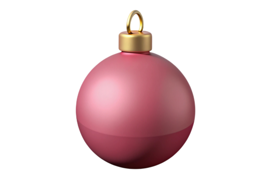 Matte pink christmas bauble with gold cap and loop isolated on transparent background
