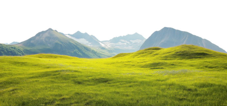 Green meadow with rolling hills extending toward mountain peaks, isolated on transparent background