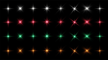 A set of colorful star-shaped light effects on a black background, including white, red, green, and orange glowing bursts. Ideal for overlays, graphic design, and decorative abstract elements.