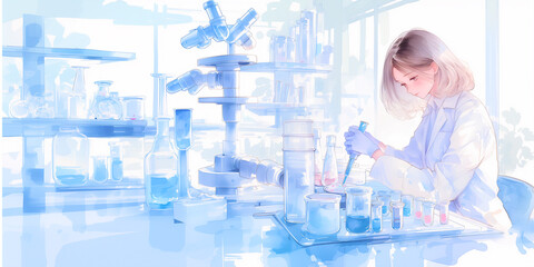 細胞の培養実験をしている女性、水彩画。バナー素材。