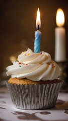 Delicious cupcake with sprinkles and a blue candle ready to celebrate a special occasion at a cozy setting Generative AI