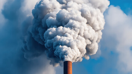 Thick white smoke billows from a tall industrial smokestack against a blue sky, illustrating air pollution and environmental impact.