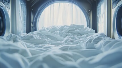 A close-up of a commercial dryer handling a large load of linens.